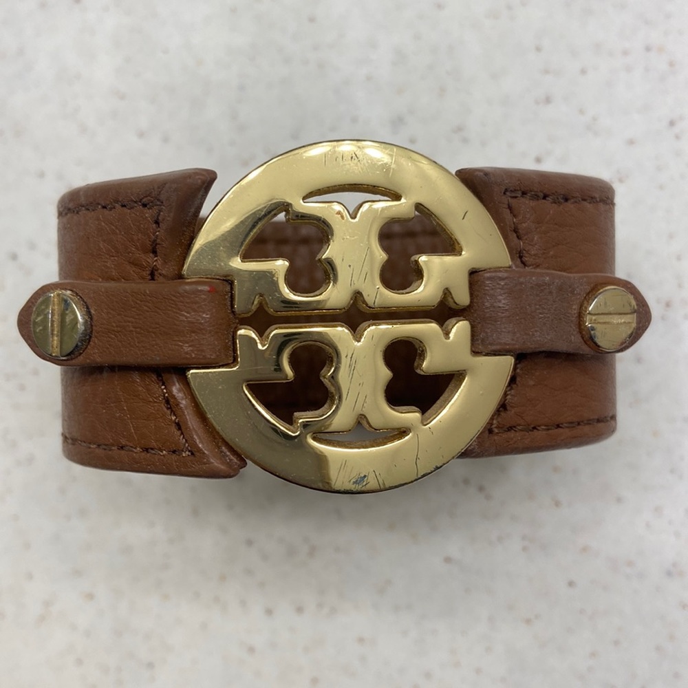 Tory Burch Brown Leather Bracelet with Gold Logo